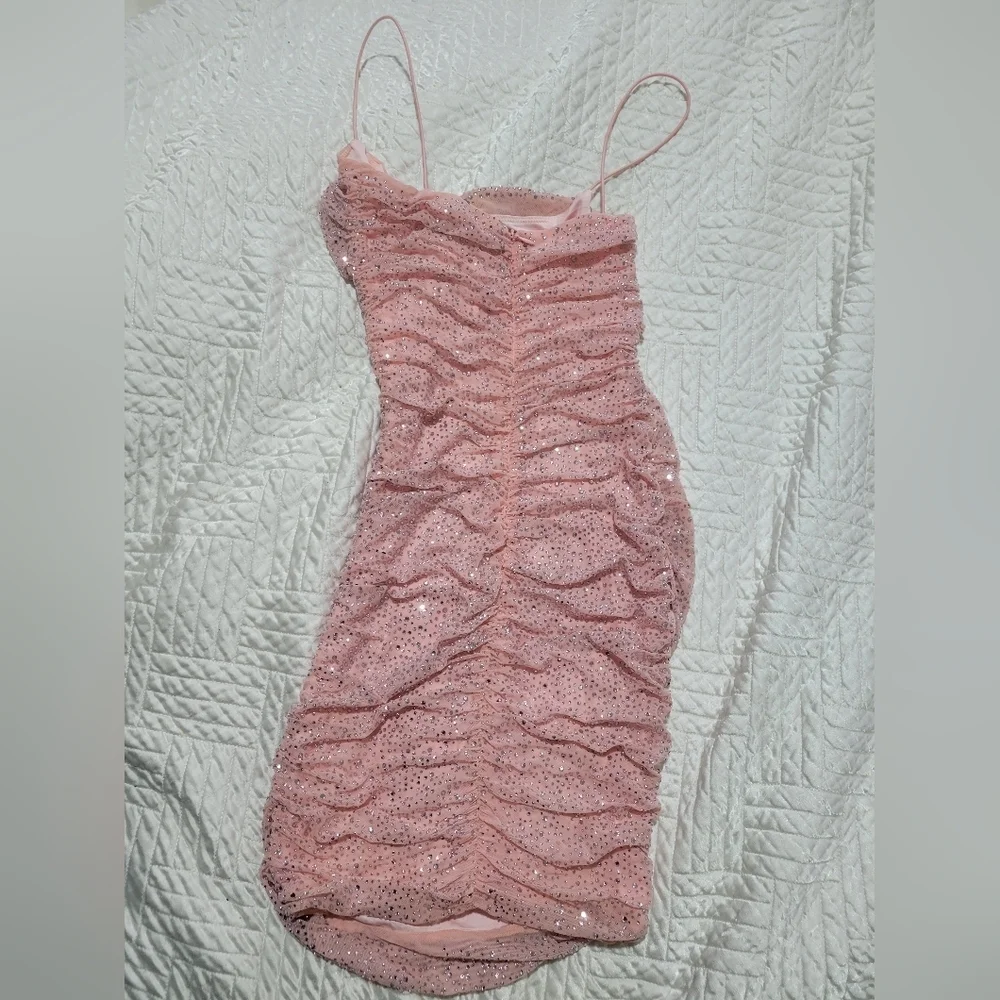 Oh Polly Blush Pink Rhinestone Ruched Mini Dress Size US 4 - Picture 4 of 5